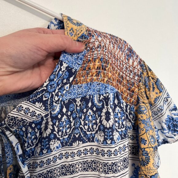 MACKENZIE JAMES Plus Size Blue White Floral Striped Boho Tie Neck Peasant Blouse - Picture 13 of 13